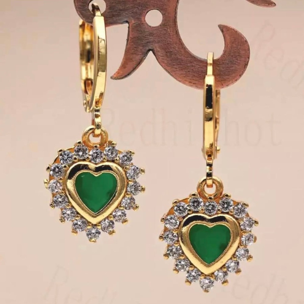 18k GP Diamond Emerald Crystals Dangle Drop Heart Earrings